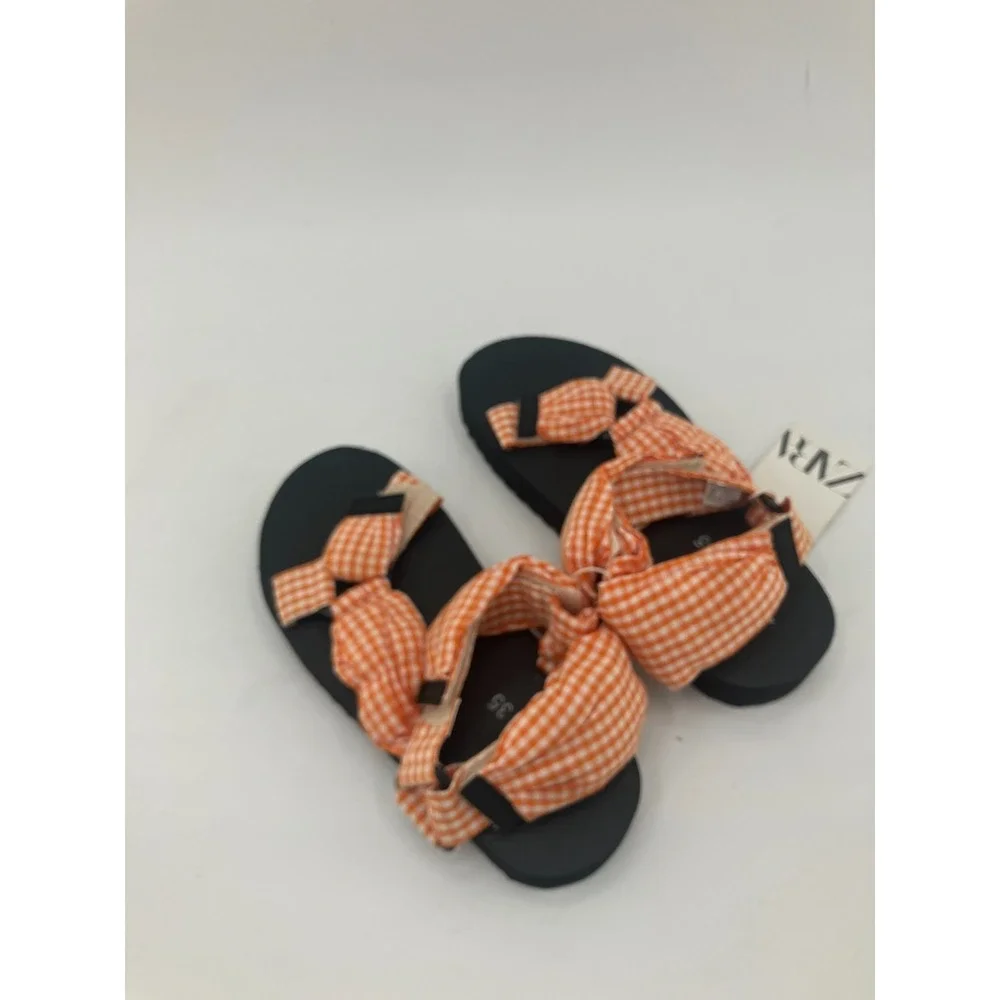 Zara‎ Sandals Girls US 3.5 Orange Checkered Gingham Open Toe Platform Strappy